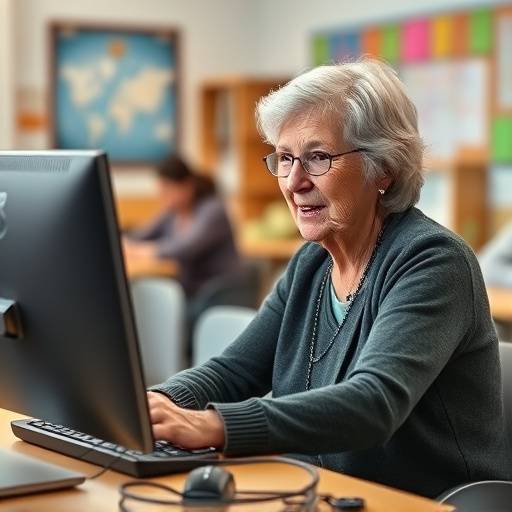 Un'anziana signora che impara a usare un computer in un corso di alfabetizzazione informatica.