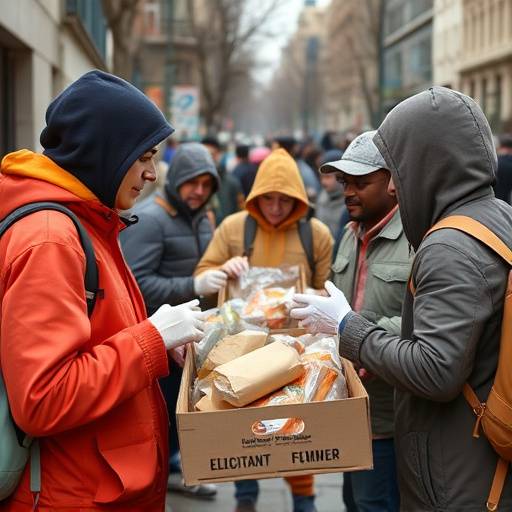Un gruppo di volontari che distribuiscono cibo ai senzatetto.