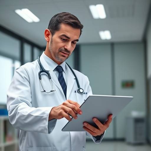 Un medico che consulta dati su un tablet con interfaccia di intelligenza artificiale