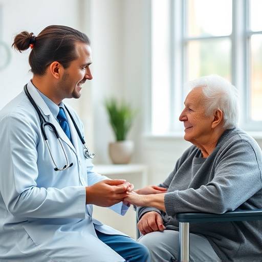 Un medico che parla con un paziente anziano in una sala d'attesa.